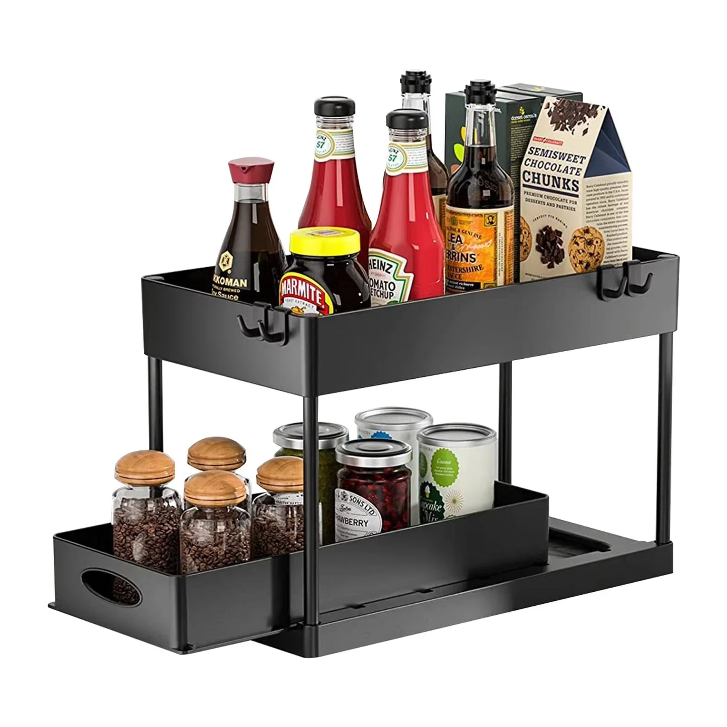 2 Tier under Sink Organizer Sliding Cabinet Basket Organizer Storage Rack with Hooks Hanging Cup Bathroom Kitchen Organizer