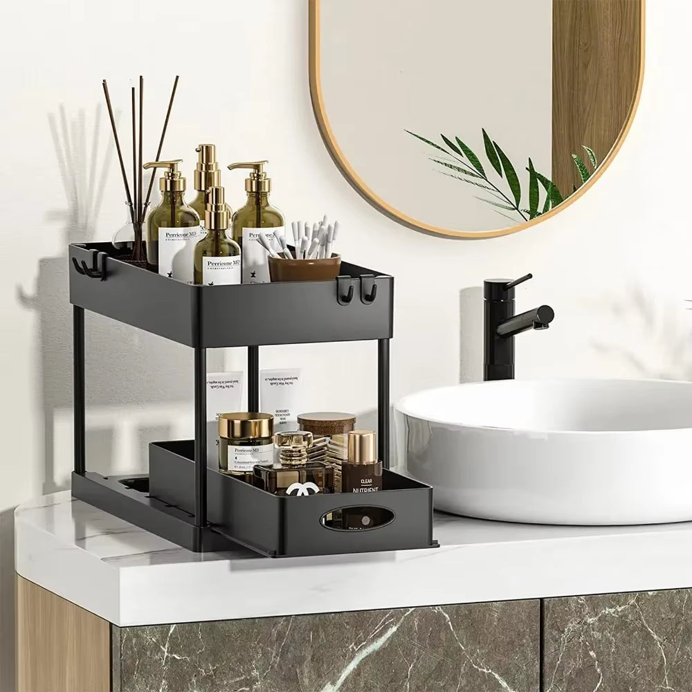 2 Tier under Sink Organizer Sliding Cabinet Basket Organizer Storage Rack with Hooks Hanging Cup Bathroom Kitchen Organizer